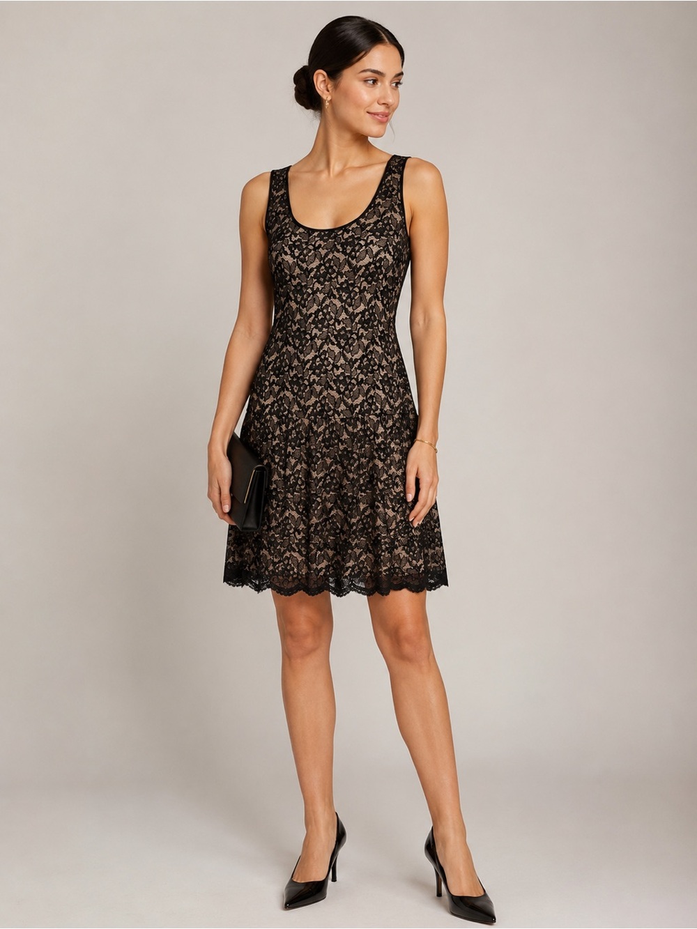 Express 6 Black Lace Overlay Dress Nude Lining Formal Fit And Flare Sleeveless
